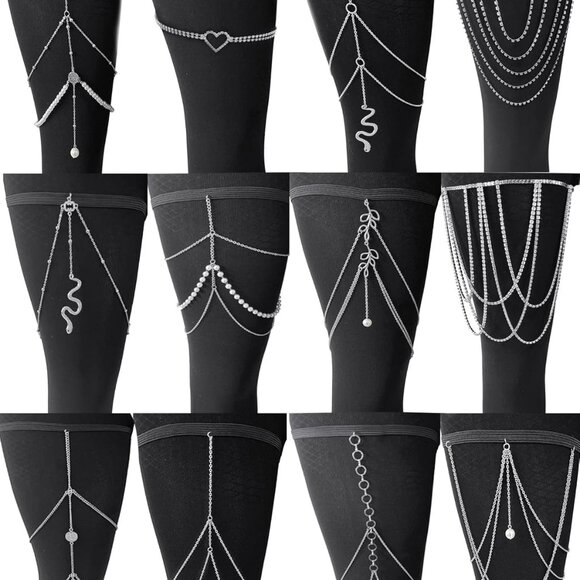 12Pcs Thigh Chains Snake Heart Pearl CZ Leg Chain Boho Layered Body Chain Summer